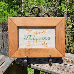 Vintage Wooden Framed Cross Stitch "Welcome" Sign With Scroll Design